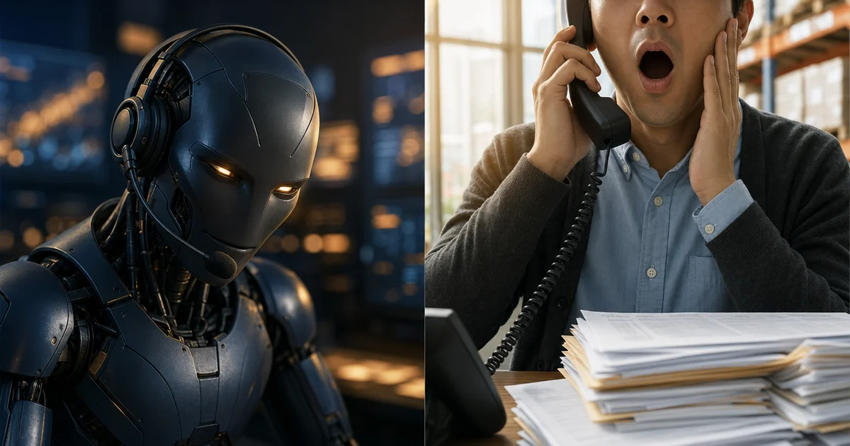 Split screen: on the left, a sleek navy robot with glowing amber eyes speaks into a call-center headset; on the right, an accounts payable clerk in a warehouse office holds a desk phone, mouth open in shock, a hand pressed to their cheek.