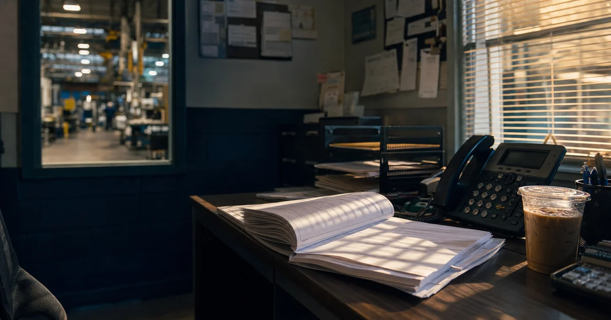 A cluttered desk in a small manufacturing office, late afternoon light through venetian blinds, a thick stapled insurance questionnaire open next to a cold cup of coffee and a desk phone.