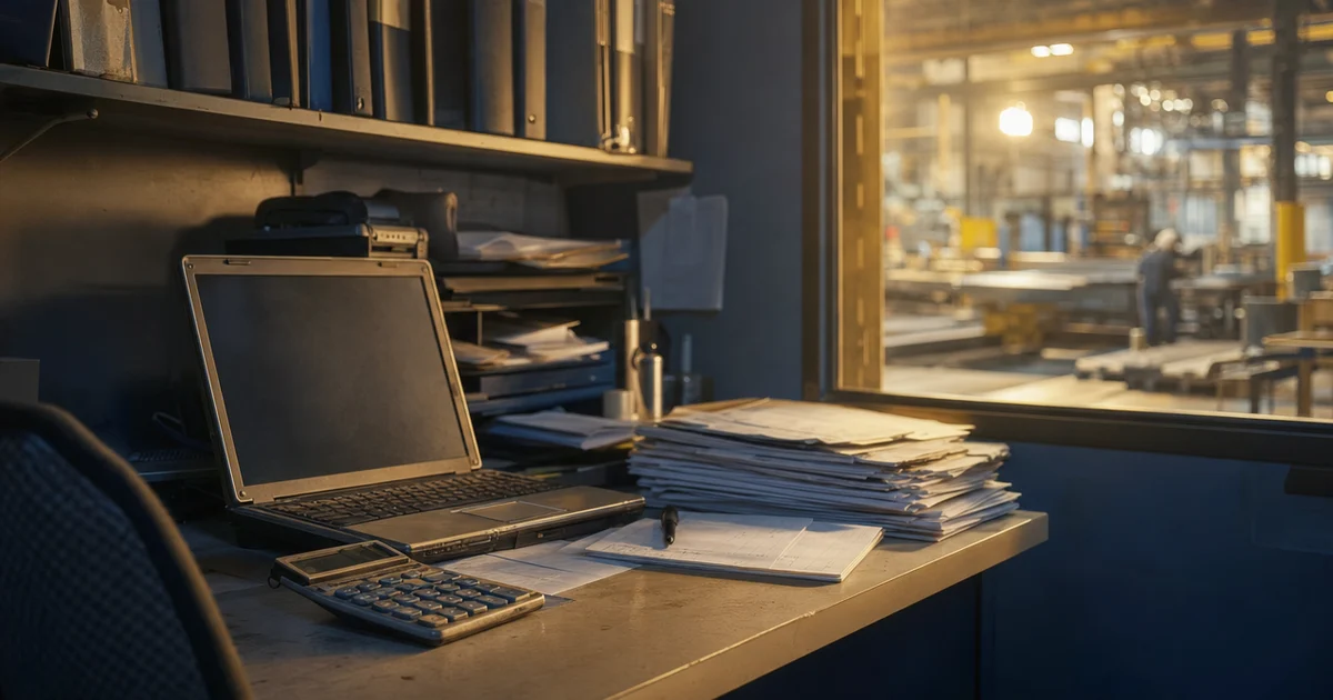 A beige estimating desk in the corner of a sheet metal shop office, an old laptop open beside a stack of paper quotes and a coffee-stained calculator, a row of worn binders on the shelf above, late afternoon light from the shop floor falling across it.