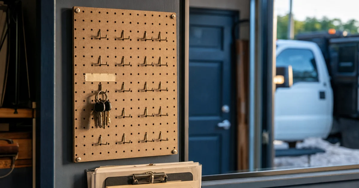A pegboard key rack on the wall of a small contractor's shop office, most hooks empty, one ring of keys hanging from a hook labeled only with blank masking tape, a closed door and a work truck visible through the window behind it.