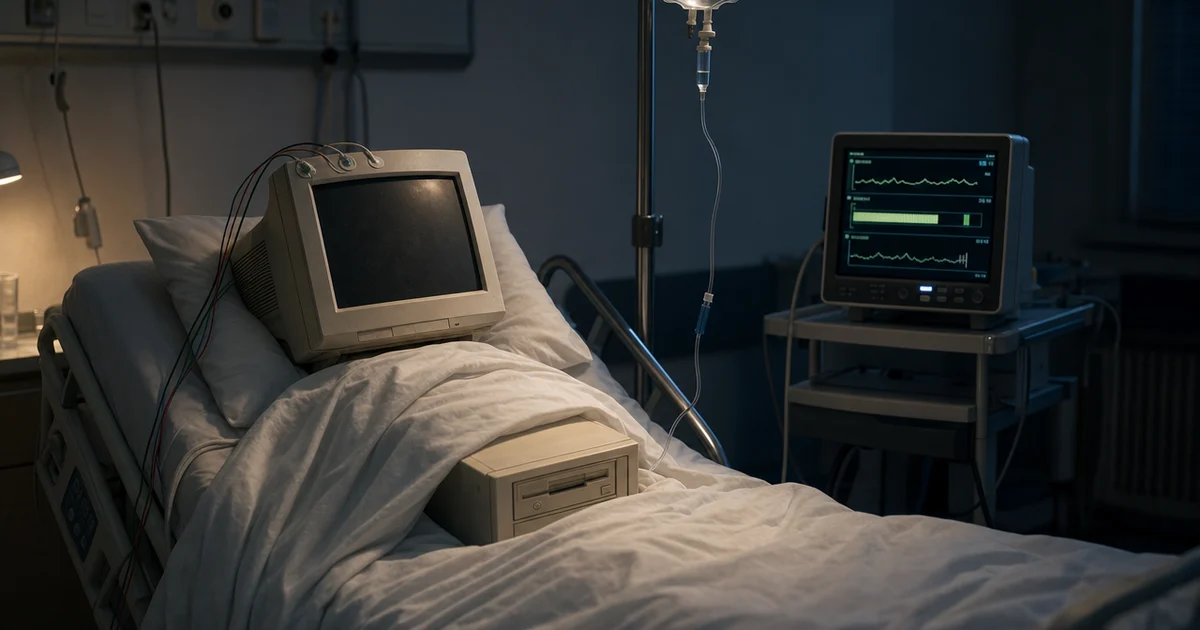 An obsolete beige desktop computer lying in a hospital bed like a patient, its bulky CRT monitor resting on the pillow, an IV drip and electrode wires running to a bedside monitor showing processor, memory and disk usage in place of vital signs.