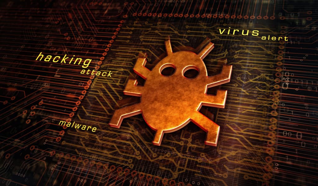 Computer virus attack, cyber security, malware, crime, spying software technology with digital worm icon. Abstract 3d symbol concept rendering illustration.