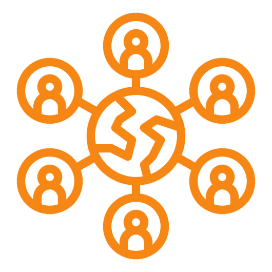 an orange circle with eight people connected by arrows
